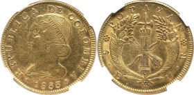 Republic gold 8 Escudos 1833 POPAYAN-UR AU Details (Surface Hairlines) NGC, Popayan mint, KM82.2. A pleasing and aurous representative of this popular...