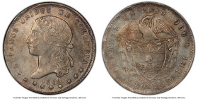 Estados Unidos Peso 1869 AU55 PCGS, Medellin mint, KM154.2, ​​Restrepo-318.1. The smaller date is plainly visible underneath the repunched larger date...