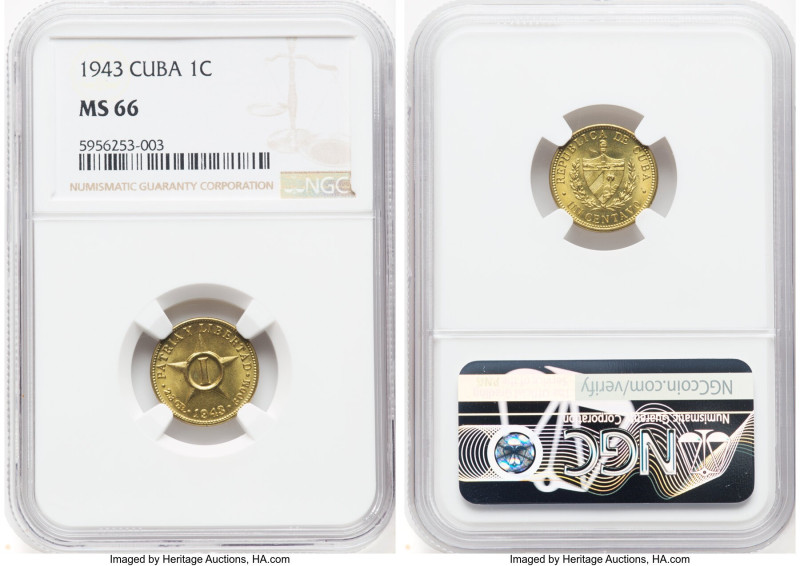 Republic Centavo 1943 MS66 NGC, KM9.2a. The only brass issue in the series. HID0...