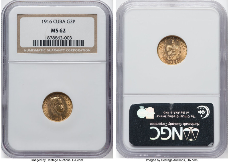 Republic gold 2 Pesos 1916 MS62 NGC, Philadelphia mint, KM17. HID09801242017 © 2...