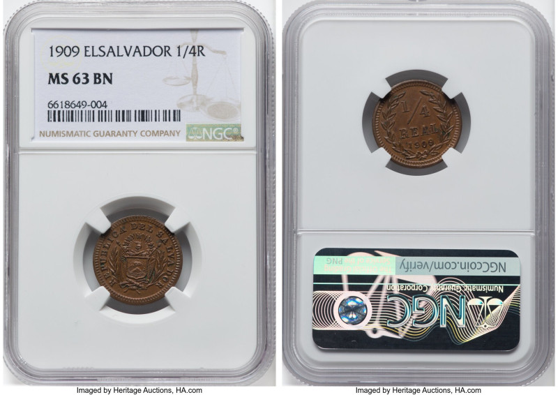 Republic 1/4 Real 1909 MS63 Brown NGC, KM120. A desirable one-year bronze emissi...