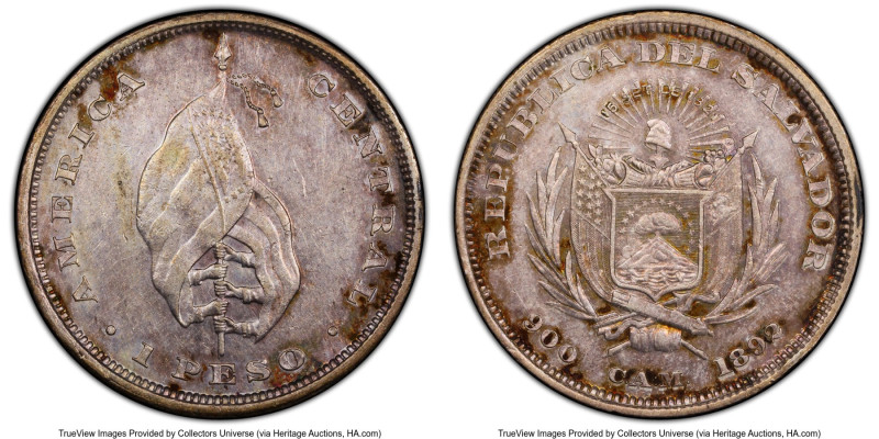 Republic "Flag" Peso 1892-C.A.M. AU50 PCGS, San Salvador mint, KM114. Like so ma...