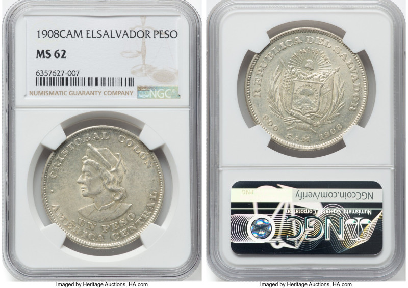 Republic Peso 1908-C.A.M. MS62 NGC, San Salvador mint, KM115.1. Always collectib...