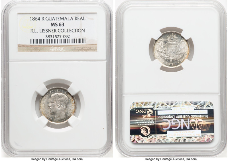 Republic Real 1864-R MS63 NGC, Nueva Guatemala mint, KM137.1. Handsome gold toni...