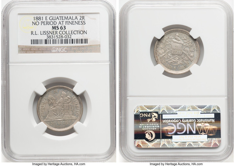 Republic 2 Reales 1881-E MS63 NGC, Nueva Guatemala mint, KM154c. No period at fi...