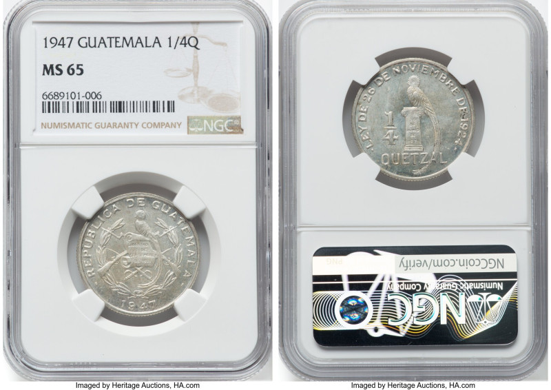 Republic 1/4 Quetzal 1947 MS65 NGC, London mint, KM243.2. Quite flashy and broad...