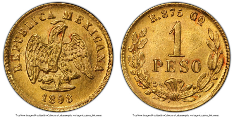 Republic gold Peso 1898 Go-R MS64 PCGS, Guanajuato mint, KM410.3. Regular obvers...