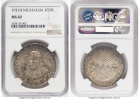 Republic Cordoba 1912-H MS62 NGC, Heaton mint, KM16. With mottled toning upon surfaces that showcase boldly struck devices. Idiosyncratic though deliv...