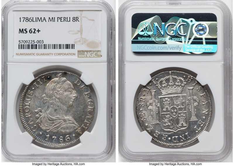 Charles III 8 Reales 1786 LM-MI MS62+ NGC, Lima mint, KM78a. Brimming with origi...