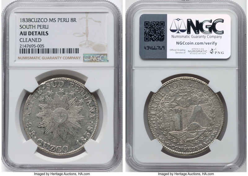 South Peru. Republic 8 Reales 1838 CUZCO-MS AU Details (Cleaned) NGC, Cuzco mint...