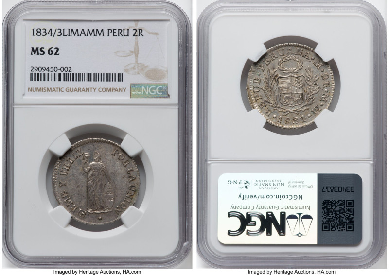 Republic 2 Reales 1834/3 LM-MM MS62 NGC, Lima mint, KM141.1. A lesser-encountere...