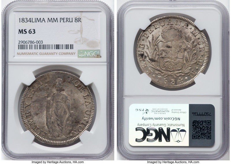 Republic 8 Reales 1834 LM-MM MS63 NGC, Lima mint, KM142.3. A delightful type to ...