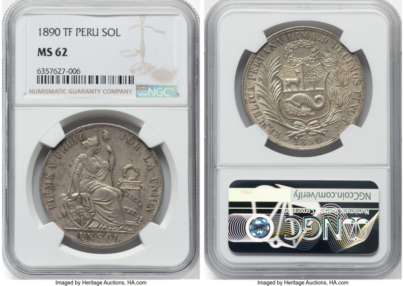 Republic Sol 1890-TF MS62 NGC, Lima mint, KM196.24. A charming near-Choice repre...