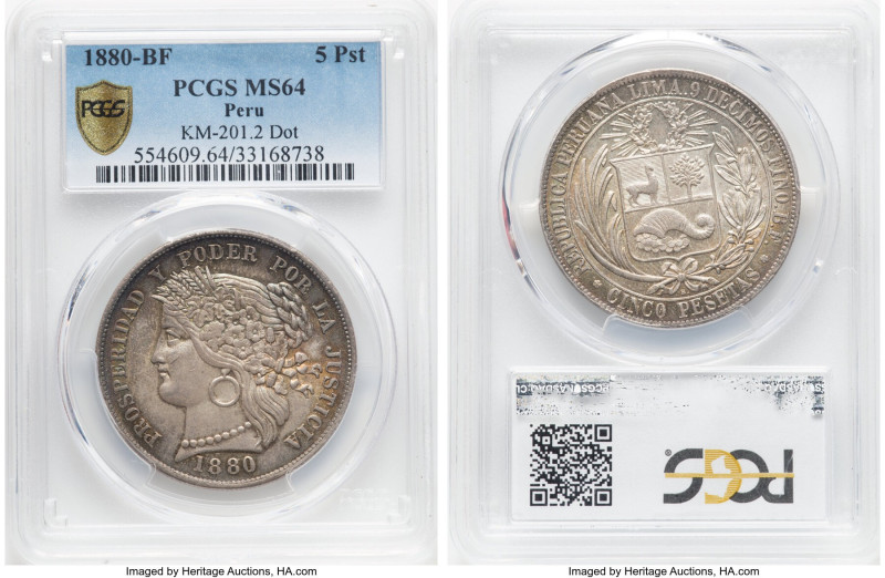 Republic 5 Pesetas 1880 LIMA-BF MS64 PCGS, Lima mint, KM201.2. Variety with dot ...