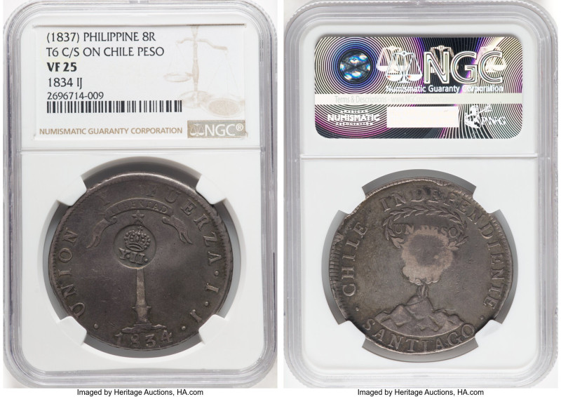 Spanish Colony. Isabel II Counterstamped 8 Reales ND (1834-1837) VF25 NGC, KM108...