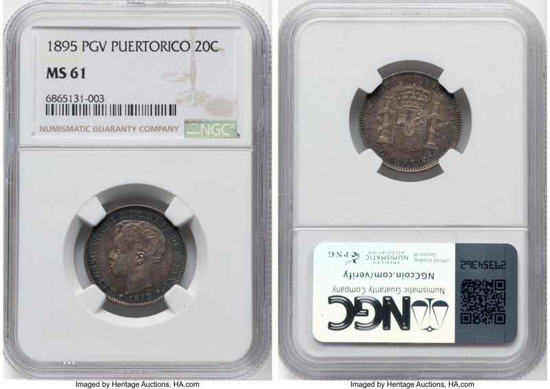 Spanish Colony. Alfonso XIII 20 Centavos 1895-PGV MS61 NGC, Madrid mint, KM22. D...