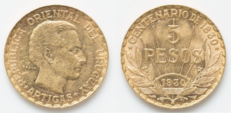 Republic gold 5 Pesos 1930-(a) AU, Paris mint, KM27. 22.0mm. 8.47gm. HID09801242...