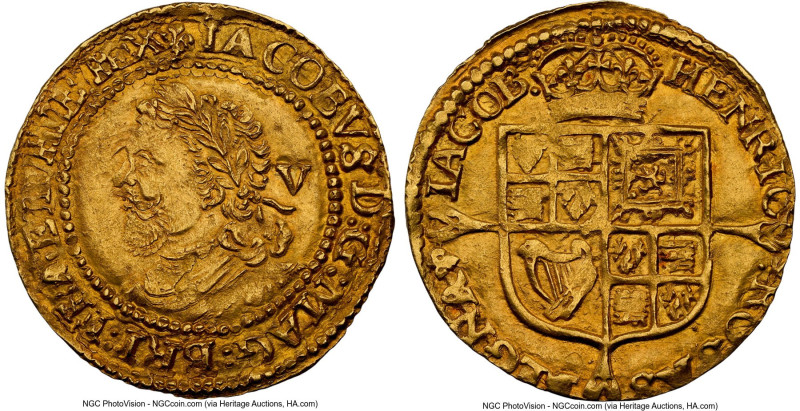 James I (1603-1625) gold 1/4 Laurel ND (1624) MS62 NGC, London mint, Trefoil mm,...