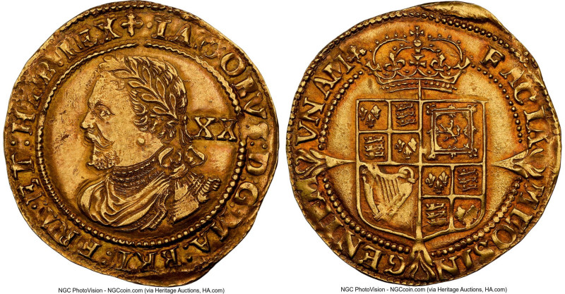 James I (1603-1625) gold Laurel ND (1624) AU55 NGC, Tower mint, Trefoil mm, Thir...