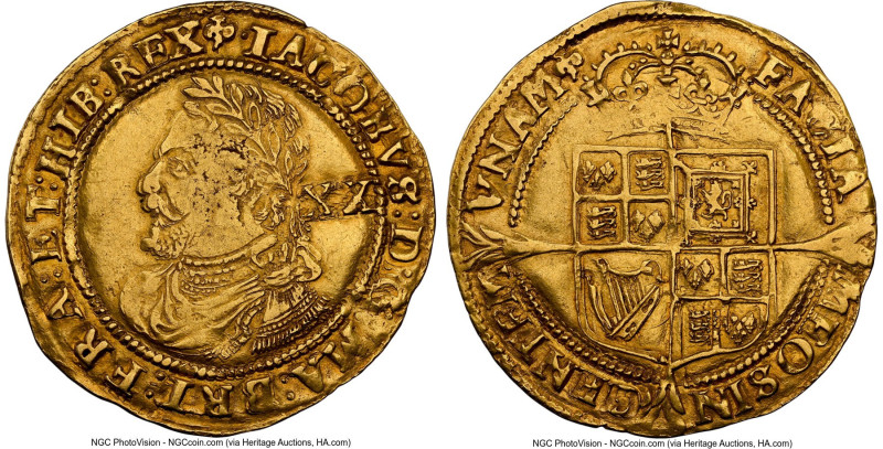 James I (1603-1625) gold Laurel ND (1624) AU53 NGC, Tower mint, Lis mm, Third co...