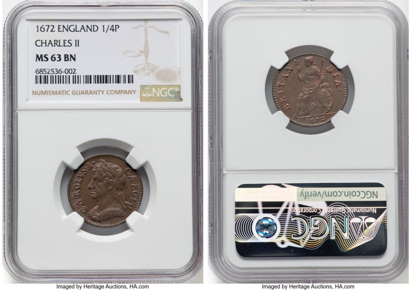 Charles II Farthing (1/4 Penny) 1672 MS63 Brown NGC, KM436.1, S-3394. Well struc...