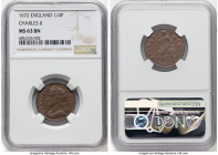 Charles II Farthing (1/4 Penny) 1672 MS63 Brown NGC, KM436.1, S-3394. Well struck, this coin has a strong rim and some brightness near the motifs. HID...