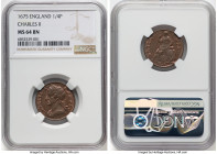 Charles II Farthing (1/4 Penny) 1675 MS64 Brown NGC, KM436.1, S-3394. Displaying glimpses of enticing mint redness silhouetting the raised motifs. Tra...