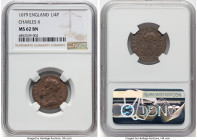 Charles II Farthing (1/4 Penny) 1679 MS62 Brown NGC, KM436.1, S-3394. As one of only two in Mint State condition certified by NGC and displaying a ric...