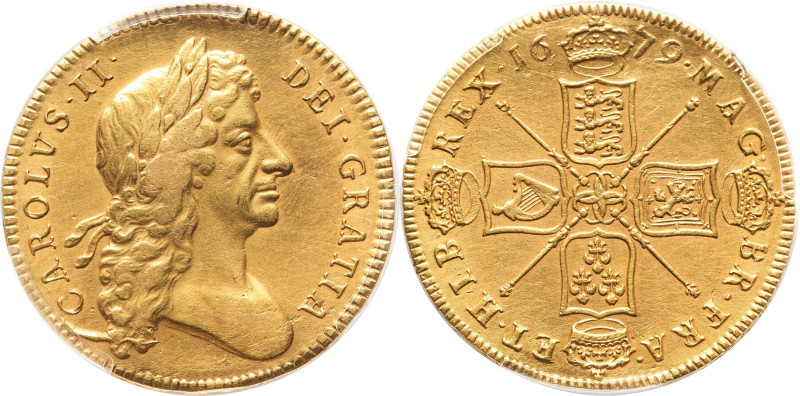 Charles II gold 5 Guineas 1679 XF Details (Repaired) PCGS, Tower mint, KM444.1, ...