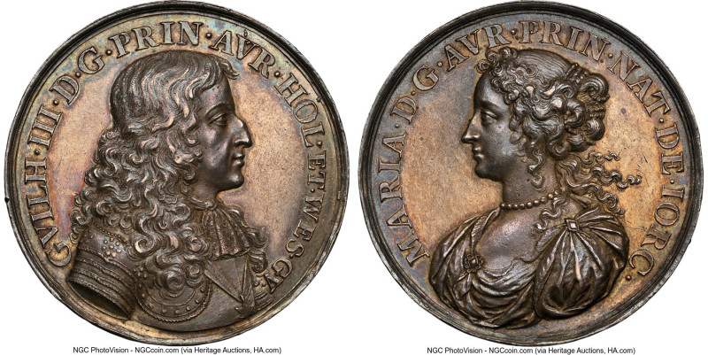 Charles II silver "William & Mary Marriage" Medal ND (1677) MS62 NGC, Eimer-256,...