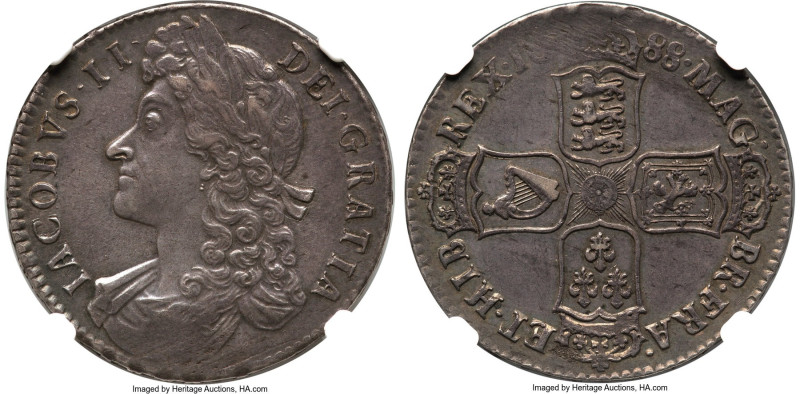 James II 1/2 Crown 1688 AU55 NGC, KM462, S-3409. QVARTO edge. The nicest example...