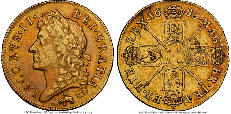 James II gold "Elephant & Castle" Guinea 1685 AU Details (Cleaned) NGC, KM453.2,...