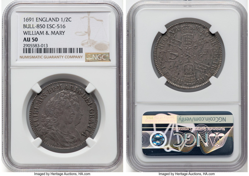 William and Mary 1/2 Crown 1691 AU50 NGC, KM477, S-3436, ESC-850 (prev. ESC-516)...