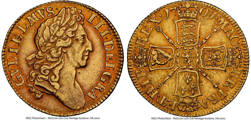 William III gold Guinea 1701 AU Details (Cleaned) NGC, KM498.1, S-3463. 2nd bust...