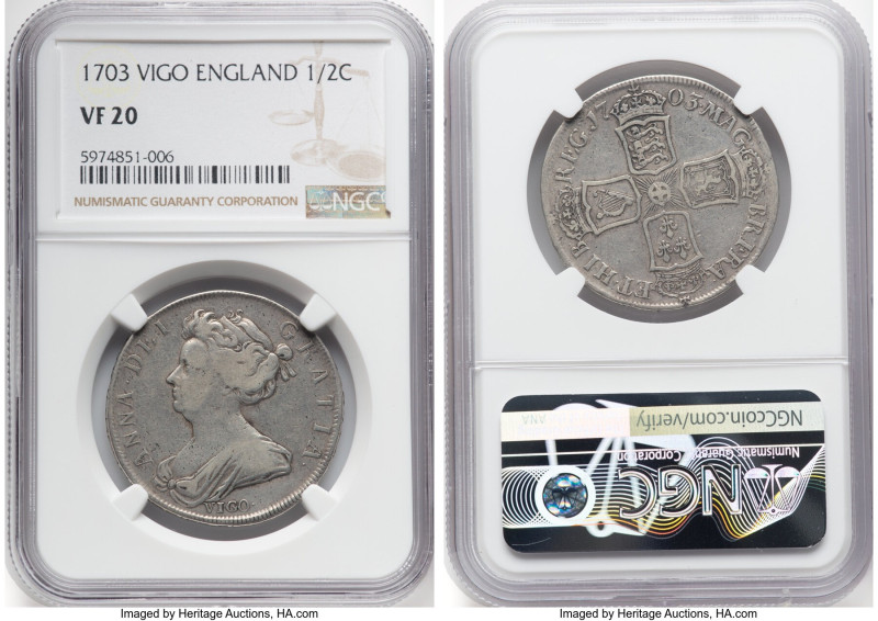 Anne "Vigo" 1/2 Crown 1703 VF20 NGC, KM518.1, S-3580. HID09801242017 © 2024 Heri...