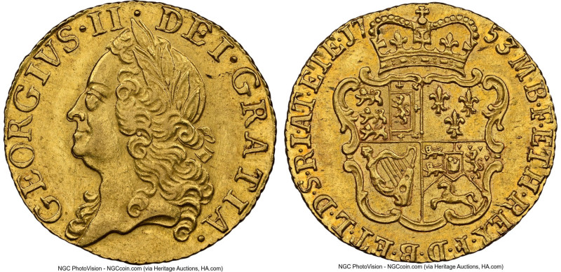 George II gold 1/2 Guinea 1753 AU58 NGC, KM587, S-3685. Old laureate head type. ...