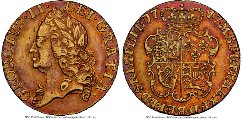 George II gold Guinea 1747 AU53 NGC, KM588, S-3680. Boasting eye-catching tones ...