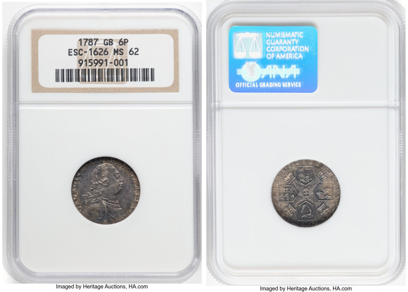 George III 6 Pence 1787 MS62 NGC, KM606.1, S-3748, ESC-218 (prev. ESC-1626). Var...