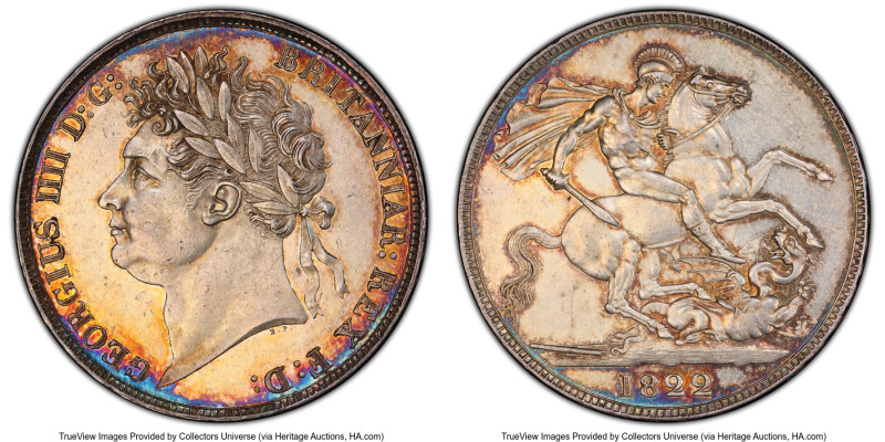 George IV Crown 1822 AU55 PCGS, KM680.2, S-3805. TERTIO edge. Sparkles of irides...