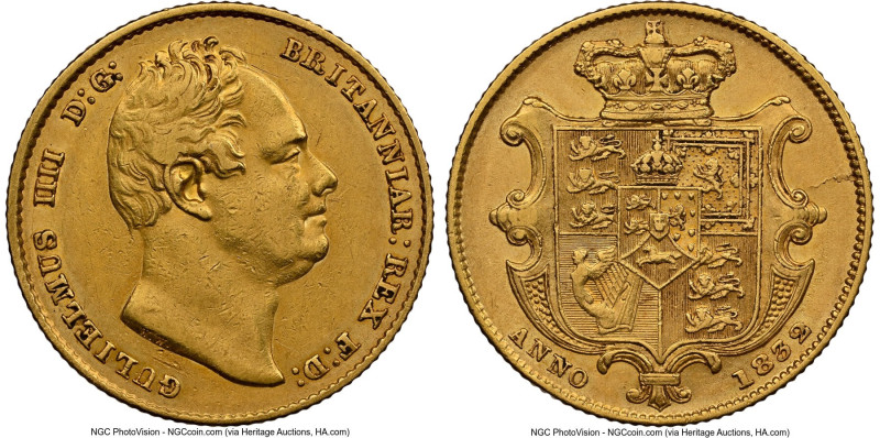 William IV gold Sovereign 1832 AU Details (Obverse Rim Filed) NGC, KM717, S-3829...