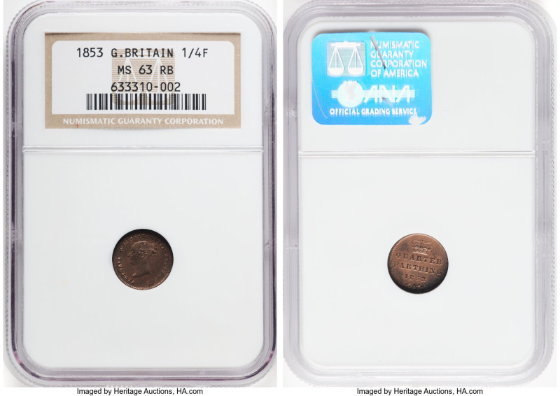 Victoria 1/4 Farthing 1853 MS63 Red and Brown NGC, KM737, S-3953. HID09801242017...