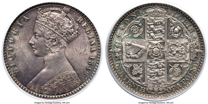 Victoria "Godless" Florin 1849 MS63 PCGS, KM745, S-3890. A lovely Choice represe...