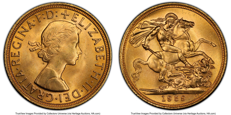 Elizabeth II gold Sovereign 1959 MS65 PCGS, KM908, S-4125. A glittering Gem abla...