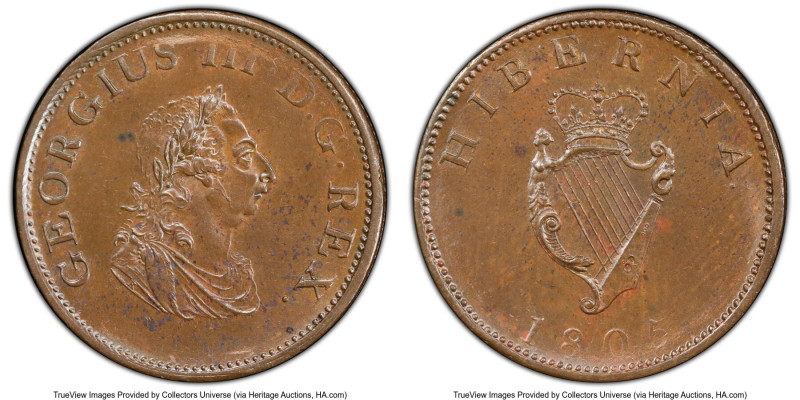 George III 1/2 Penny 1805 MS63 Brown PCGS, KM147.1, S-6621. A glossy example wit...