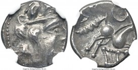 BRITAIN. Regini-Atrebates. Uninscribed coinage. Ca. 60-20 BC. AR unit (13mm, 1.42 gm, 8h). NGC Choice XF 3/5 - 4/5. 'Sussex Lyre' type. Diademed head ...