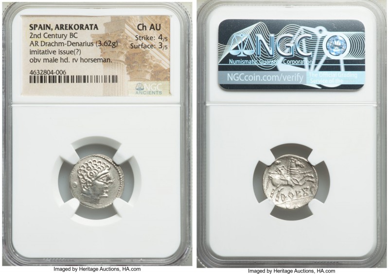 IBERIA. Arekorata. 2nd century BC. AR denarius (18mm, 3.62 gm, 11h). NGC Choice ...