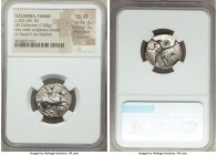 CALABRIA. Tarentum. Ca. 302-281 BC. AR stater or didrachm (21mm, 7.83 gm, 4h). NGC Choice XF 4/5 - 2/5, Fine Style, brushed. Warrior on horseback righ...
