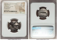 LUCANIA. Metapontum. Ca. 340-330 BC. AR distater (25mm, 15.63 gm, 3h). NGC XF 4/5 - 2/5, smoothing. Bearded head of Leucippus to right, wearing a Cori...