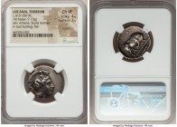 LUCANIA. Thurium. Ca. 410-350 BC. AR stater (24mm, 7.73 gm, 4h). NGC Choice VF 4/5 - 3/5, lt. graffito. Head of Athena right, wearing crested Attic he...