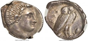 BRUTTIUM. Croton. Ca. 300-250 BC. AR octobol or drachm (16mm, 2.77 gm, 4h). NGC Choice AU 5/5 - 4/5. Bare head of river god Aisaros? right / KPO, owl ...